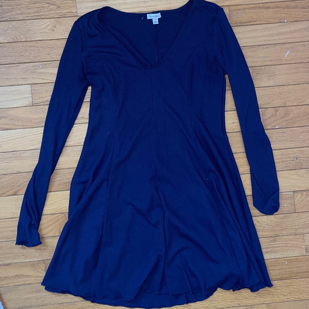 Love, Fire Navy Blue Long-Sleeve/V-Neck Mini Dress, Flowy at bottom